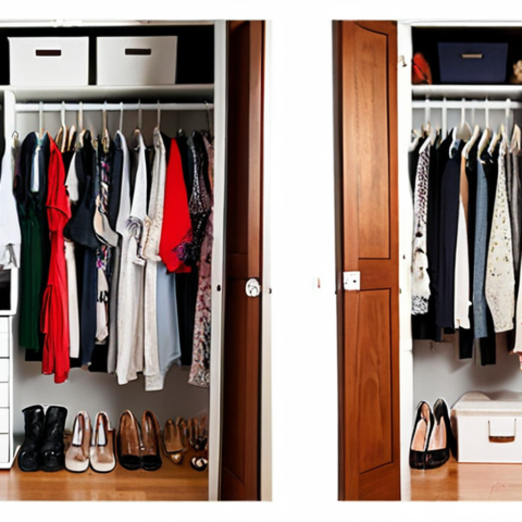 **A before-and-after closet transformation:** "A cluttered, overflowing closet bursting with clothes in the 'before' image, contrasted with a minimalist, organized closet with carefully curated items in the 'after' image. Focus on visual impact; bright, clean, and appealing. Japanese fashion style."