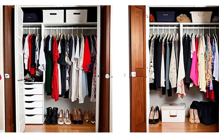 **A before-and-after closet transformation:** "A cluttered, overflowing closet bursting with clothes in the 'before' image, contrasted with a minimalist, organized closet with carefully curated items in the 'after' image. Focus on visual impact; bright, clean, and appealing. Japanese fashion style."