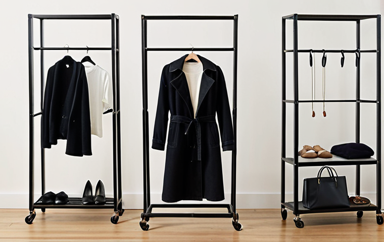 **

A well-organized minimalist wardrobe showcasing essential items like a white shirt, border tee, cashmere knit sweater, denim jeans, a black trench coat, and simple accessories. Focus on clean lines, neutral colors, and excellent lighting to show off the quality and versatility of the items. A lifestyle shot.

**
