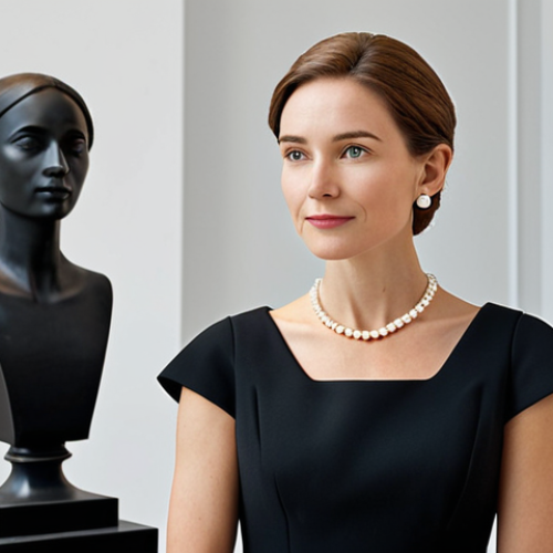 A serene and elegant professional woman, dressed in a classic, well-tailored black dress, paired with a simple pearl necklace and small stud earrings, exuding timeless sophistication. She stands gracefully in a bright, minimalist art gallery, natural light softly illuminating the scene, with a few abstract sculptures in the background. Perfect anatomy, correct proportions, natural pose, well-formed hands, proper finger count, professional photography, high quality, safe for work, appropriate content, fully clothed, modest clothing, family-friendly.