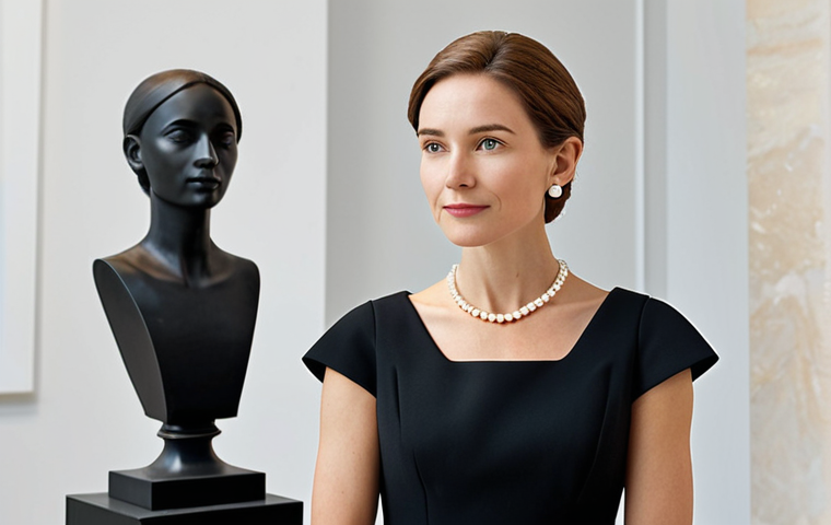 A serene and elegant professional woman, dressed in a classic, well-tailored black dress, paired with a simple pearl necklace and small stud earrings, exuding timeless sophistication. She stands gracefully in a bright, minimalist art gallery, natural light softly illuminating the scene, with a few abstract sculptures in the background. Perfect anatomy, correct proportions, natural pose, well-formed hands, proper finger count, professional photography, high quality, safe for work, appropriate content, fully clothed, modest clothing, family-friendly.