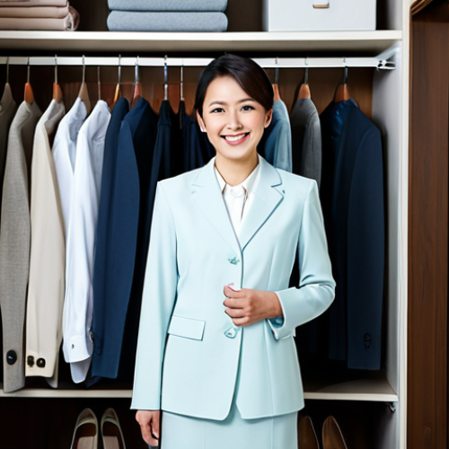 A professional Japanese businesswoman, in a modest business casual outfit, stands confidently within a perfectly organized, minimalist walk-in closet. The closet features neatly arranged clothes on uniform hangers, color-graded, resembling a serene boutique display. She holds a single, versatile garment, looking empowered and stress-free with a gentle smile. Natural lighting. Professional photography, high resolution, realistic. Perfect anatomy, correct proportions, natural pose, well-formed hands, proper finger count, natural body proportions. Fully clothed, appropriate attire, professional dress, safe for work, appropriate content, modest.