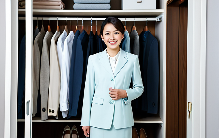 A professional Japanese businesswoman, in a modest business casual outfit, stands confidently within a perfectly organized, minimalist walk-in closet. The closet features neatly arranged clothes on uniform hangers, color-graded, resembling a serene boutique display. She holds a single, versatile garment, looking empowered and stress-free with a gentle smile. Natural lighting. Professional photography, high resolution, realistic. Perfect anatomy, correct proportions, natural pose, well-formed hands, proper finger count, natural body proportions. Fully clothed, appropriate attire, professional dress, safe for work, appropriate content, modest.