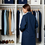 A person, fully clothed in modest and comfortable home attire, is thoughtfully organizing their wardrobe. The scene takes place inside a well-lit, spacious walk-in closet, where clothes are neatly folded in clear storage bins and perfectly hung on uniform hangers. The atmosphere is calm and efficient, reflecting a meticulously tidy system. safe for work, appropriate content, fully clothed, professional, perfect anatomy, correct proportions, natural pose, well-formed hands, proper finger count, natural body proportions, high quality, professional photography.