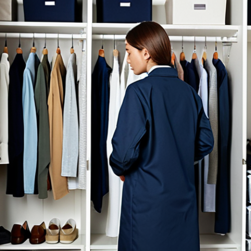A person, fully clothed in modest and comfortable home attire, is thoughtfully organizing their wardrobe. The scene takes place inside a well-lit, spacious walk-in closet, where clothes are neatly folded in clear storage bins and perfectly hung on uniform hangers. The atmosphere is calm and efficient, reflecting a meticulously tidy system. safe for work, appropriate content, fully clothed, professional, perfect anatomy, correct proportions, natural pose, well-formed hands, proper finger count, natural body proportions, high quality, professional photography.