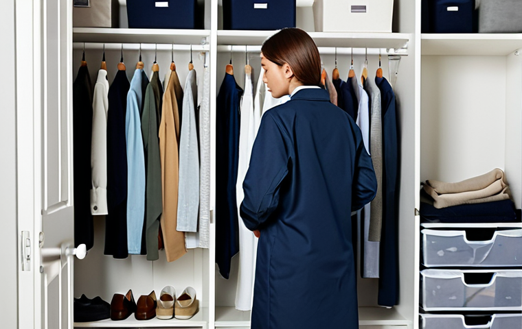 A person, fully clothed in modest and comfortable home attire, is thoughtfully organizing their wardrobe. The scene takes place inside a well-lit, spacious walk-in closet, where clothes are neatly folded in clear storage bins and perfectly hung on uniform hangers. The atmosphere is calm and efficient, reflecting a meticulously tidy system. safe for work, appropriate content, fully clothed, professional, perfect anatomy, correct proportions, natural pose, well-formed hands, proper finger count, natural body proportions, high quality, professional photography.