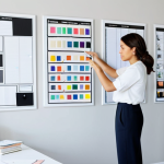 A professional woman in a modest, smart casual outfit, carefully curating a vision board on a wall in a brightly lit, organized modern room. Around her, a collection of neatly folded, high-quality, fully clothed, appropriate attire lies on a clean surface, visually representing a decluttered wardrobe. The scene emphasizes thoughtful decision-making for a minimalist lifestyle. She has perfect anatomy, correct proportions, and a natural pose. Well-formed hands, proper finger count, and natural body proportions are visible. Safe for work, appropriate content, fully clothed, professional, modest, high quality, professional photography.