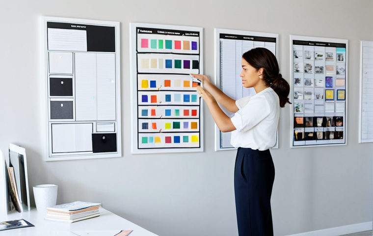 A professional woman in a modest, smart casual outfit, carefully curating a vision board on a wall in a brightly lit, organized modern room. Around her, a collection of neatly folded, high-quality, fully clothed, appropriate attire lies on a clean surface, visually representing a decluttered wardrobe. The scene emphasizes thoughtful decision-making for a minimalist lifestyle. She has perfect anatomy, correct proportions, and a natural pose. Well-formed hands, proper finger count, and natural body proportions are visible. Safe for work, appropriate content, fully clothed, professional, modest, high quality, professional photography.
