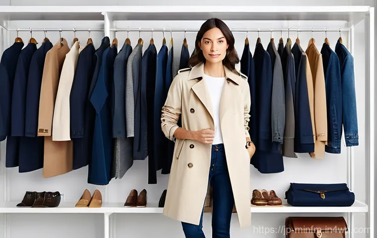 미니멀 워드로브의 색상 팔레트 구성하기 - **"Minimalist Wardrobe, Curated Base Colors"**
    A chic woman in her early 30s stands confidently ...