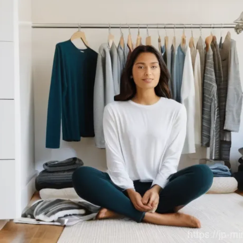미니멀 워드로브를 위한 가이드북 추천 - **Prompt:** A young woman, appearing to be in her late 20s to early 30s, is sitting on a clean, ligh...