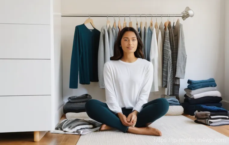 미니멀 워드로브를 위한 가이드북 추천 - **Prompt:** A young woman, appearing to be in her late 20s to early 30s, is sitting on a clean, ligh...