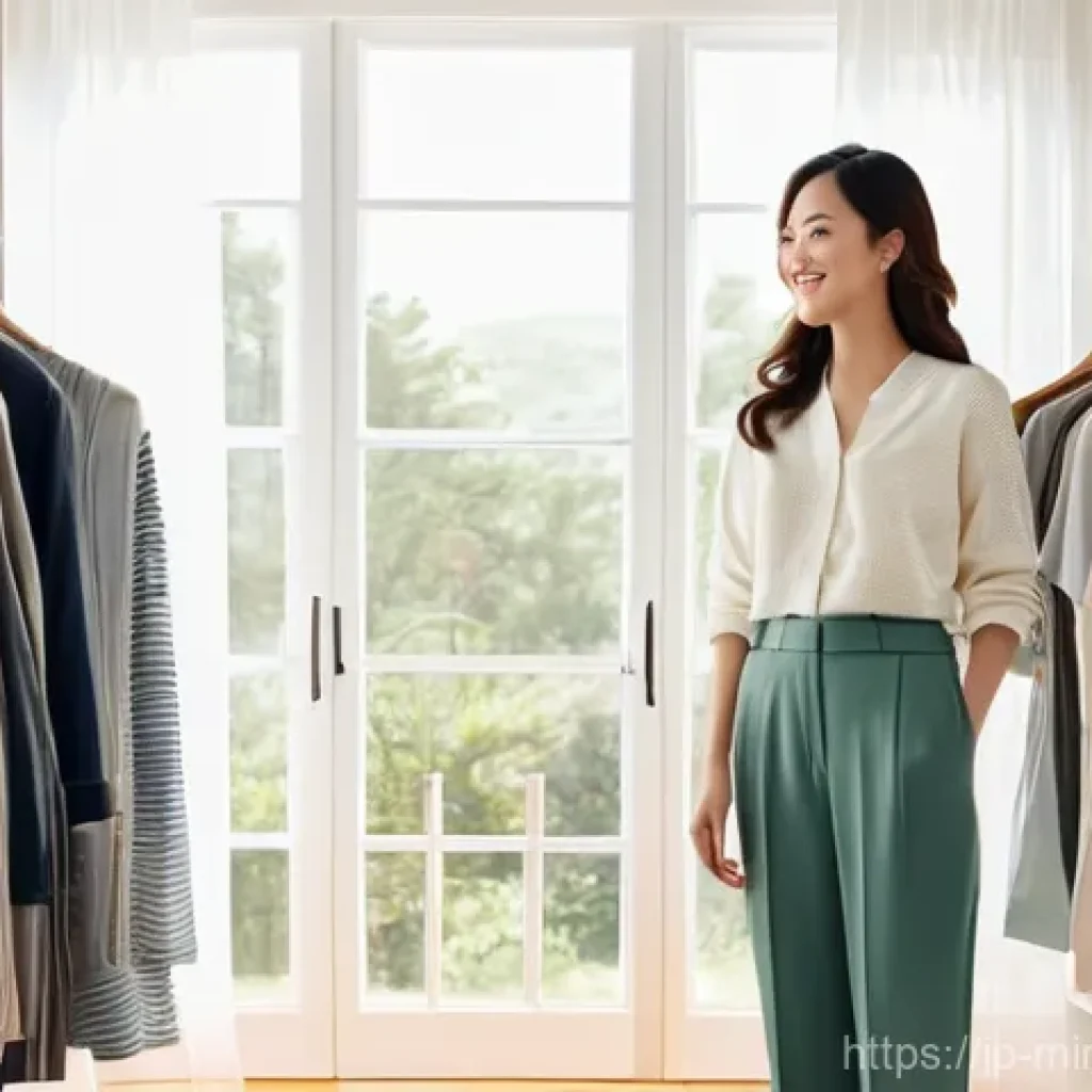 미니멀 워드로브에서 활용할 수 있는 패턴 - **Prompt:** A young, elegantly dressed Japanese woman, in her late 20s, stands in a brightly lit, mi...