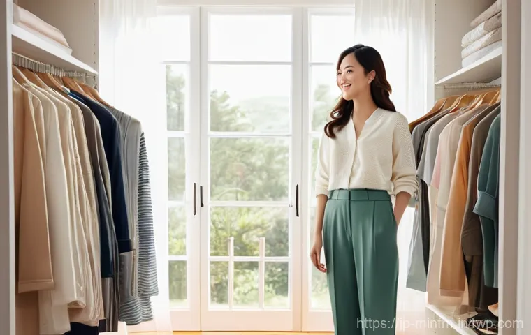 미니멀 워드로브에서 활용할 수 있는 패턴 - **Prompt:** A young, elegantly dressed Japanese woman, in her late 20s, stands in a brightly lit, mi...