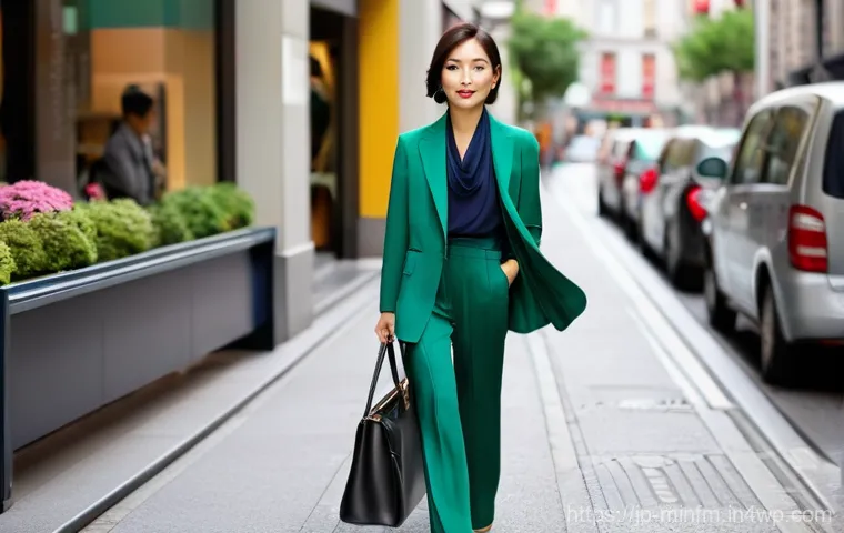 미니멀 워드로브에서 활용할 수 있는 패턴 - **Prompt:** A young, elegantly dressed Japanese woman, in her late 20s, stands in a brightly lit, mi...