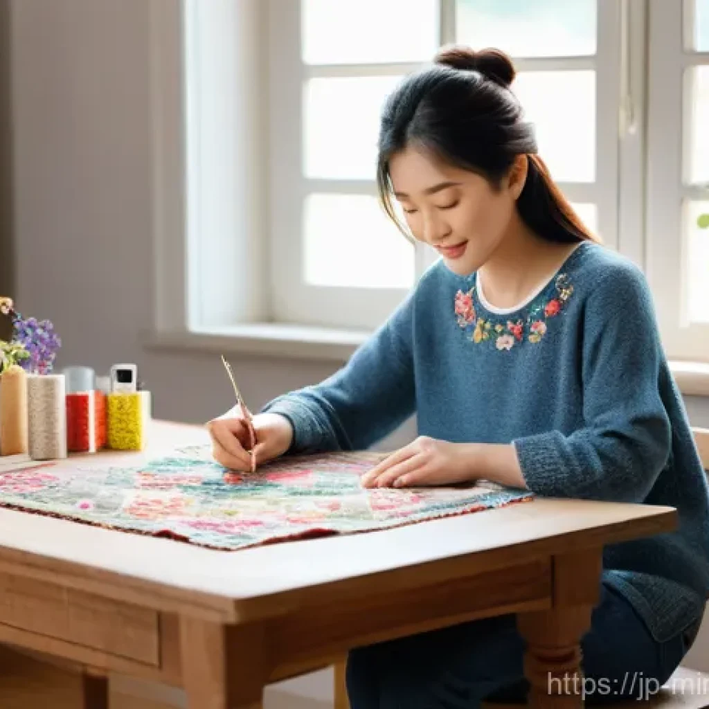 미니멀 워드로브를 위한 패션 리폼 아이디어 - **A young Japanese woman, in her mid-twenties, is comfortably seated at a beautifully organized craf...