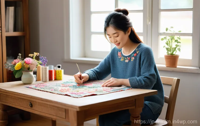 미니멀 워드로브를 위한 패션 리폼 아이디어 - **A young Japanese woman, in her mid-twenties, is comfortably seated at a beautifully organized craf...