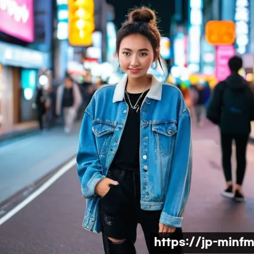미니멀 워드로브와 스트리트 패션의 융합 - **Prompt:** A young woman in her early 20s stands in a vibrant Tokyo street, wearing an oversized, s...