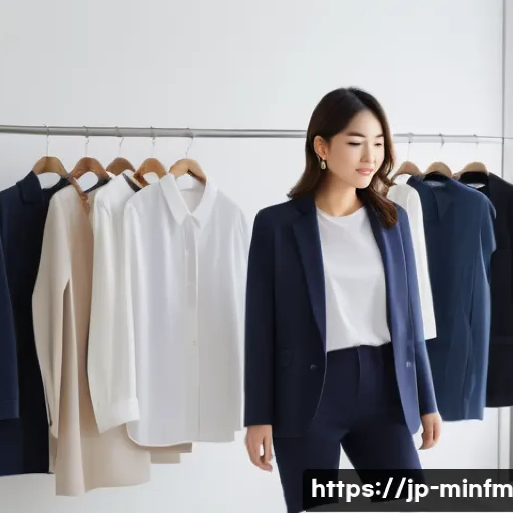 미니멀 워드로브와 스타일 조합의 법칙 - A stylish Japanese woman in her 30s choosing clothes from a neatly organized wardrobe featuring basi...
