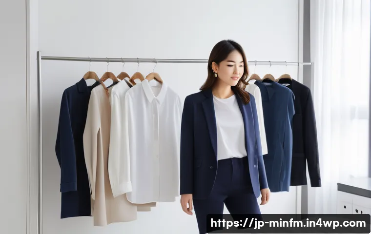 미니멀 워드로브와 스타일 조합의 법칙 - A stylish Japanese woman in her 30s choosing clothes from a neatly organized wardrobe featuring basi...