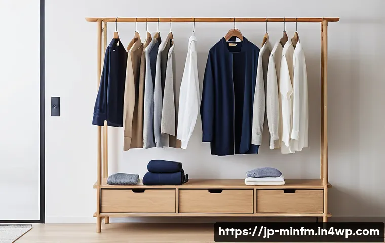 미니멀 워드로브와 패션 블로그 추천 - A modern minimalist wardrobe scene featuring a neatly organized closet with essential items: crisp w...