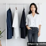미니멀 워드로브의 전문가 인터뷰 - A minimalist wardrobe concept scene featuring a modern Japanese woman in a cozy, stylish room with a...