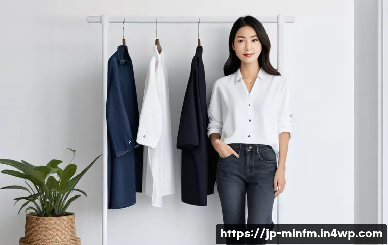 미니멀 워드로브의 전문가 인터뷰 - A minimalist wardrobe concept scene featuring a modern Japanese woman in a cozy, stylish room with a...