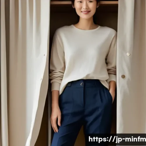 미니멀 워드로브와 제로 웨이스트 패션 - A minimalist Japanese woman in her 30s wearing simple, well-fitted basics: a soft beige organic cott...