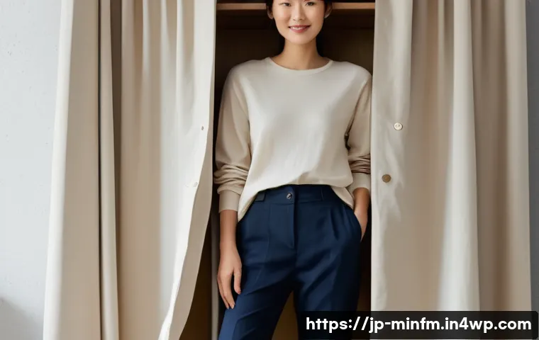 미니멀 워드로브와 제로 웨이스트 패션 - A minimalist Japanese woman in her 30s wearing simple, well-fitted basics: a soft beige organic cott...