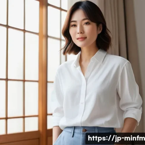 미니멀 워드로브의 비법 공개 - A stylish Japanese woman in her 30s wearing a crisp white shirt with a minimalistic design, paired w...