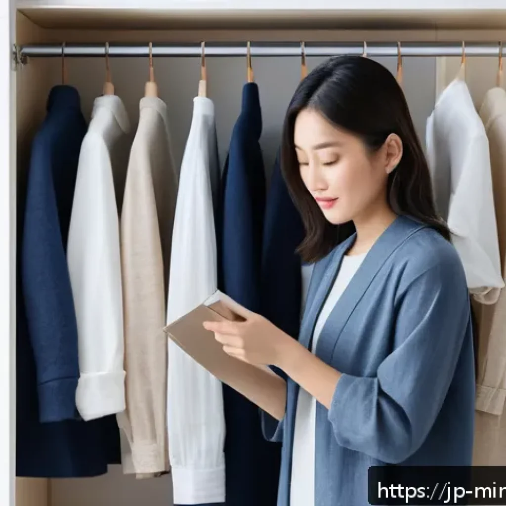 미니멀 워드로브의 여정과 경험담 - A serene minimalist wardrobe scene featuring a modern Japanese woman thoughtfully selecting clothes ...