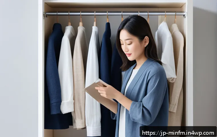 미니멀 워드로브의 여정과 경험담 - A serene minimalist wardrobe scene featuring a modern Japanese woman thoughtfully selecting clothes ...