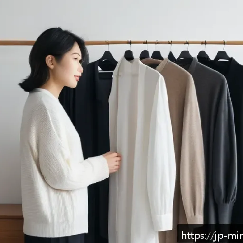 미니멀 워드로브와 재사용 가능한 패션 - A minimalist Japanese woman standing in a modern, tidy bedroom with a sleek, organized closet behind...