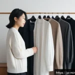 미니멀 워드로브와 재사용 가능한 패션 - A minimalist Japanese woman standing in a modern, tidy bedroom with a sleek, organized closet behind...