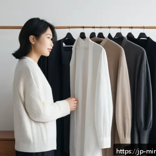 미니멀 워드로브와 재사용 가능한 패션 - A minimalist Japanese woman standing in a modern, tidy bedroom with a sleek, organized closet behind...