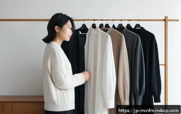 미니멀 워드로브와 재사용 가능한 패션 - A minimalist Japanese woman standing in a modern, tidy bedroom with a sleek, organized closet behind...